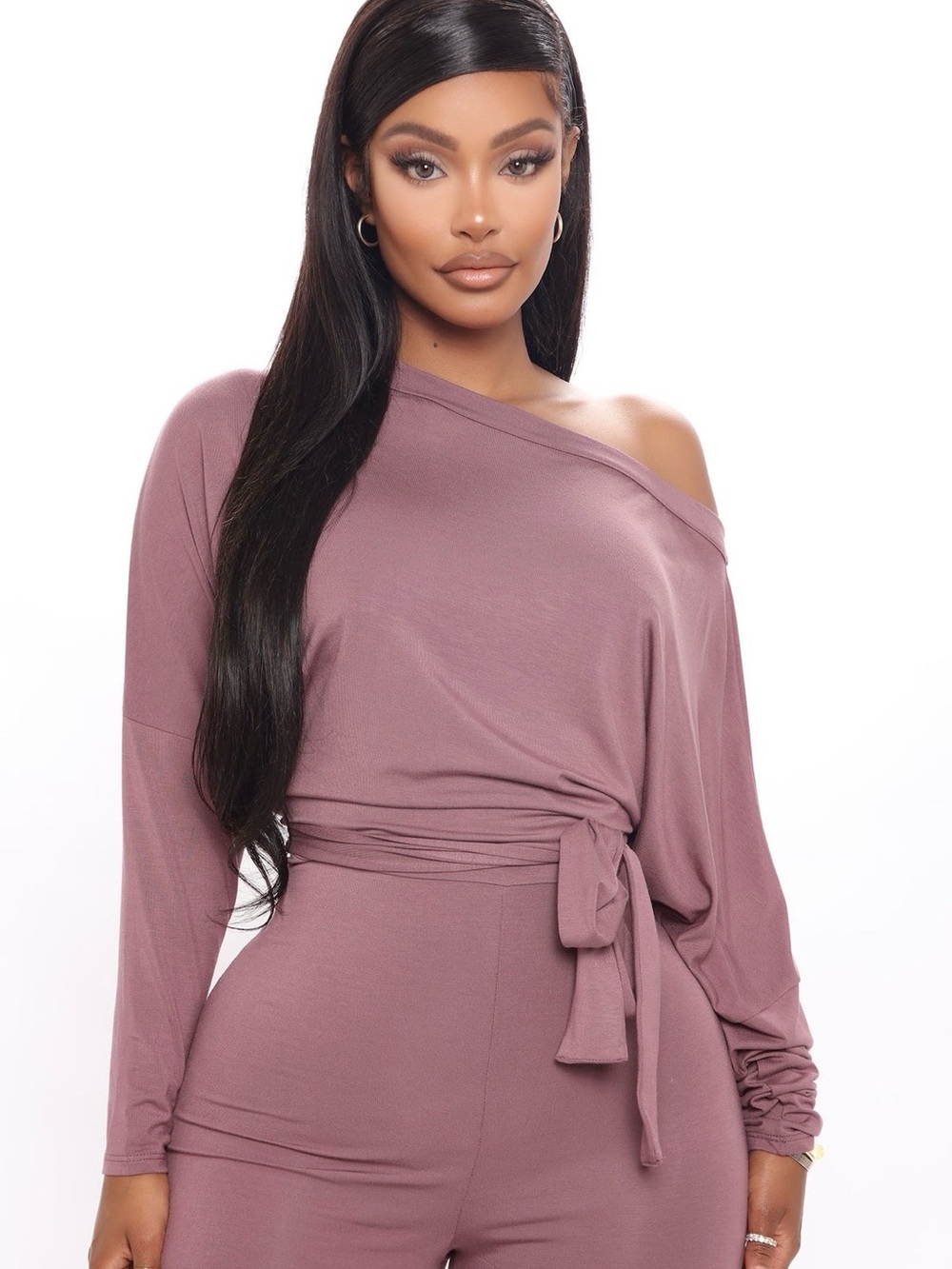 Mauve Off-Shoulder Tie-Waist Jumpsuit